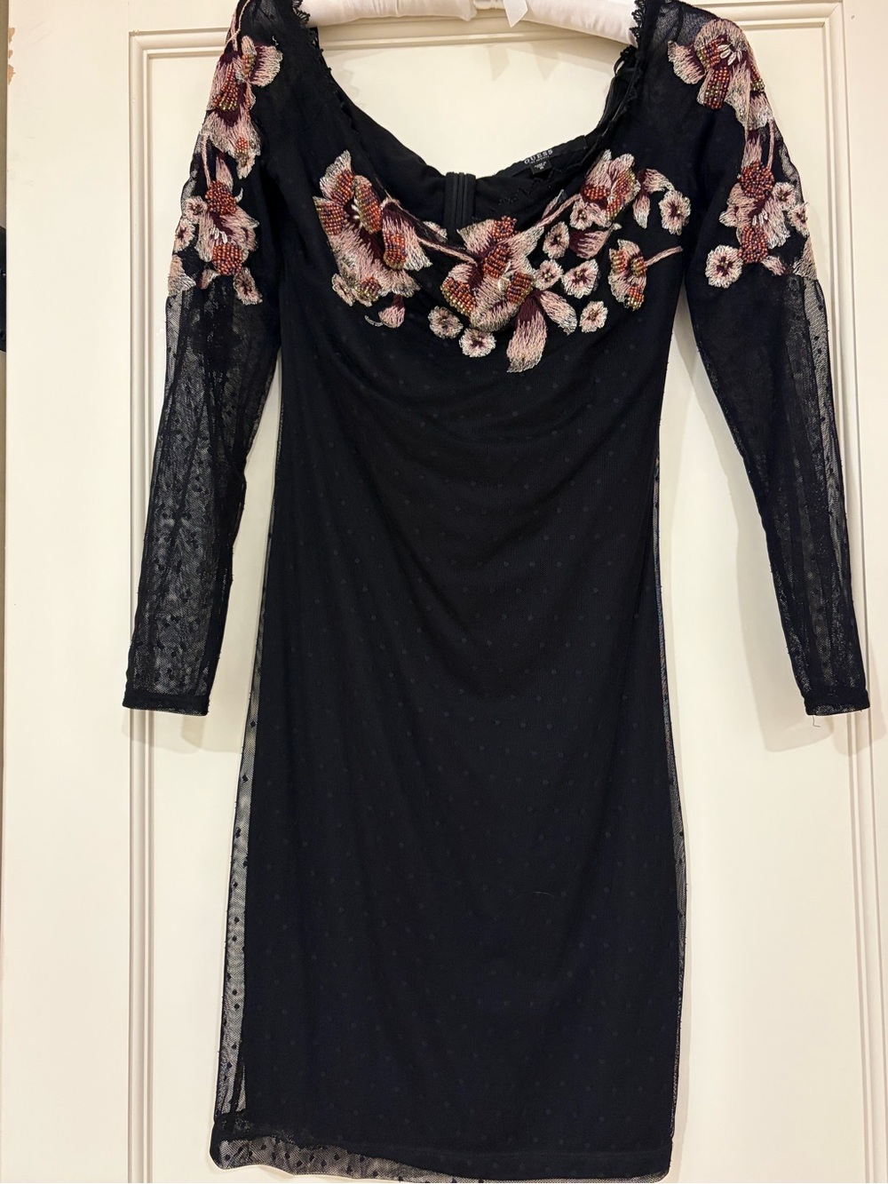 Guess Off the Shoulder Black Floral Embroidered Lace Sleeve Dress